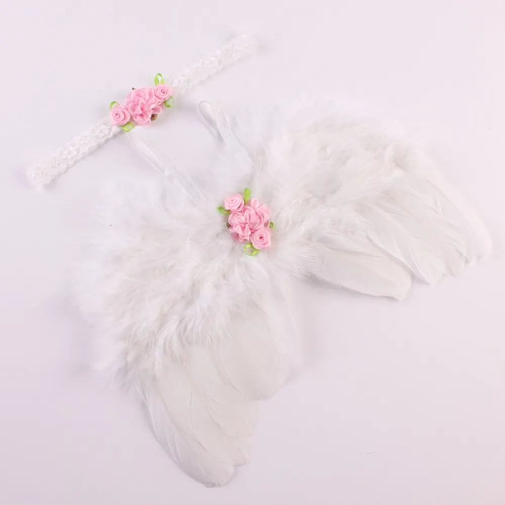 2pcs/set Cute Newborn Angel Feather Wings with Baby Girl Rose Flower Headband Hair Accessories for Infant Photography Props