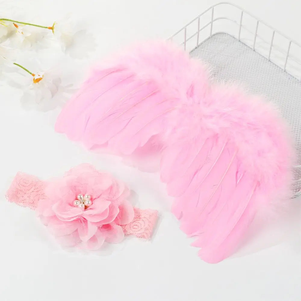 2pcs/set Cute Newborn Angel Feather Wings with Baby Girl Rose Flower Headband Hair Accessories for Infant Photography Props