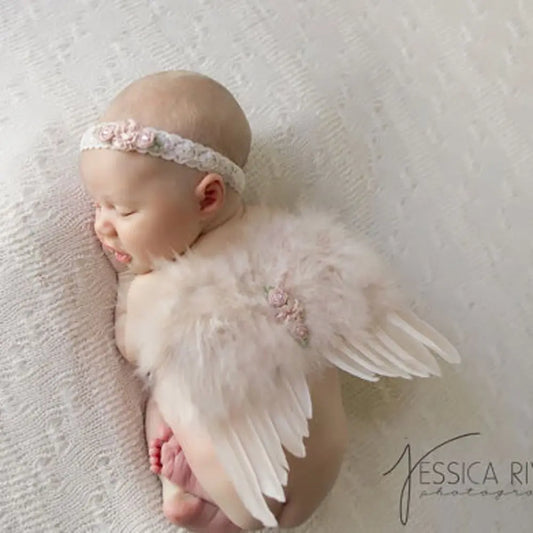 2pcs/set Cute Newborn Angel Feather Wings with Baby Girl Rose Flower Headband Hair Accessories for Infant Photography Props